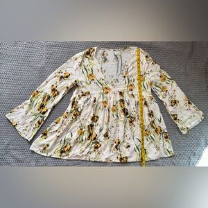 Free People White Floral Bell Sleeve Tunic with Yellow and Green Print